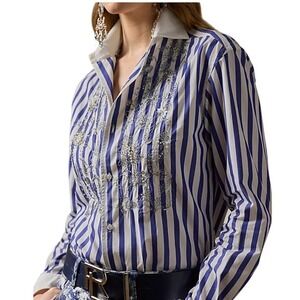 Ralph Lauren Collection Capri Relaxed Fit Embellished Striped Shirt‎  M/L Nwot